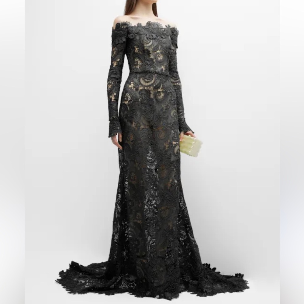 NWOT Oscar de la Renta Black Off The Shoulder Corded Scroll Guipure Lace Gown